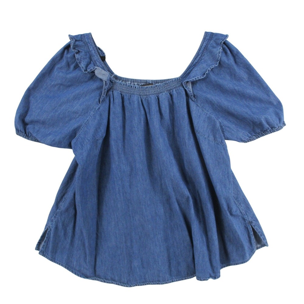 Lane Bryant Denim Blouse Womens 16 Blue Ruffle Square Neck Puff Sleeve Cotton